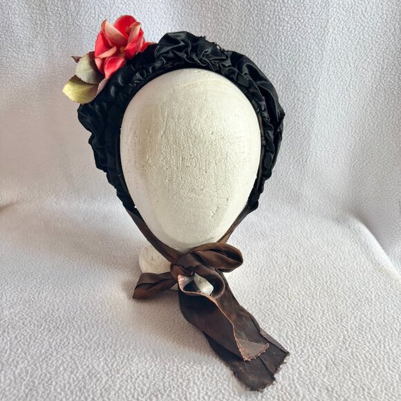 Antique Victorian Black Silk & Velvet Bonnet with Flower main image 14